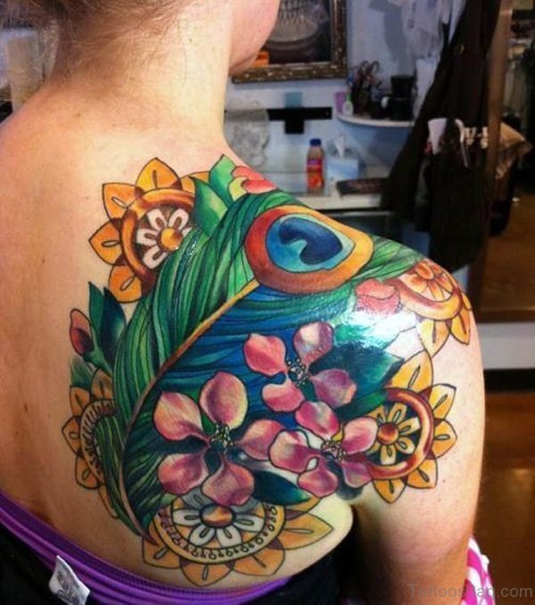 Peacock Feather With Flower Tattoo
