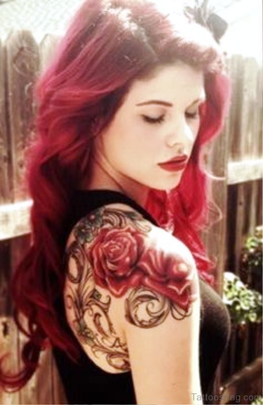 Photo Of Red Rose Tattoo On Shoulder