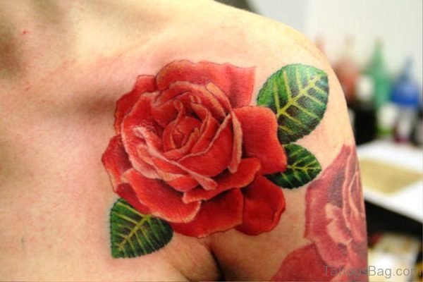 Pic Of Red Rose Tattoo On Shoulder