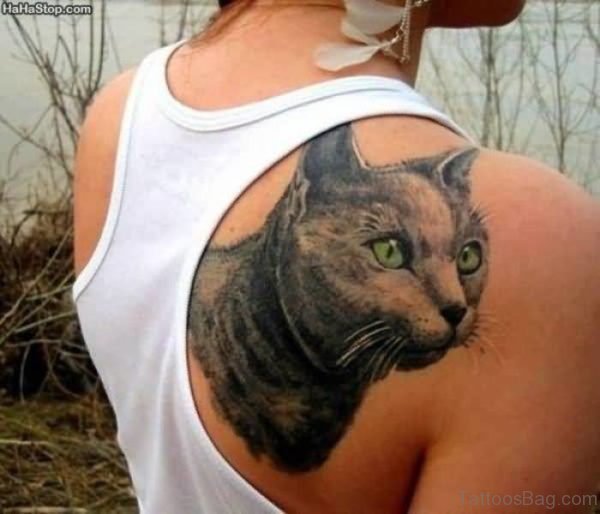 Realistic Cat Head Tattoo On Shoulder