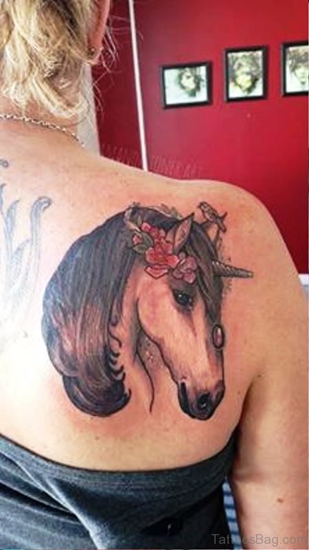 Realistic Unicorn Tattoo On Back Shoulder