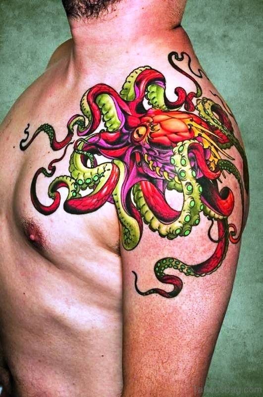 Red And Green Octopus Tattoo On Shoulder