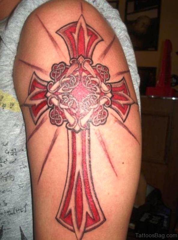 Red Cross Tattoo On Shoulder