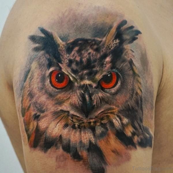 Red Eye Owl Tattoo On Shoulder