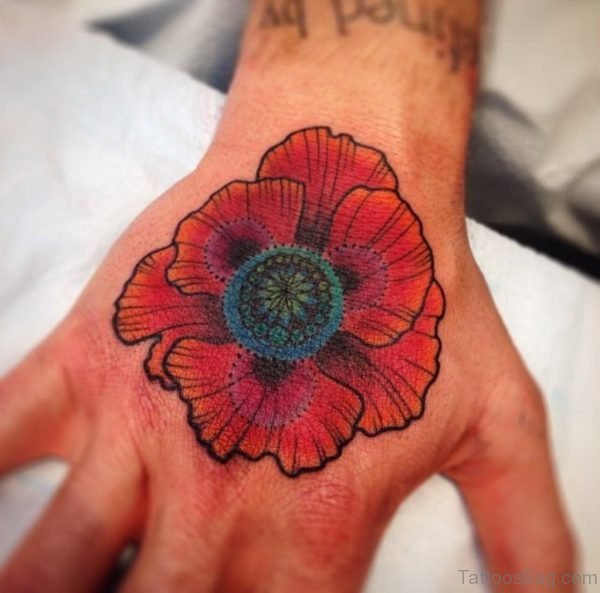 Red Flower Tattoo On Hand