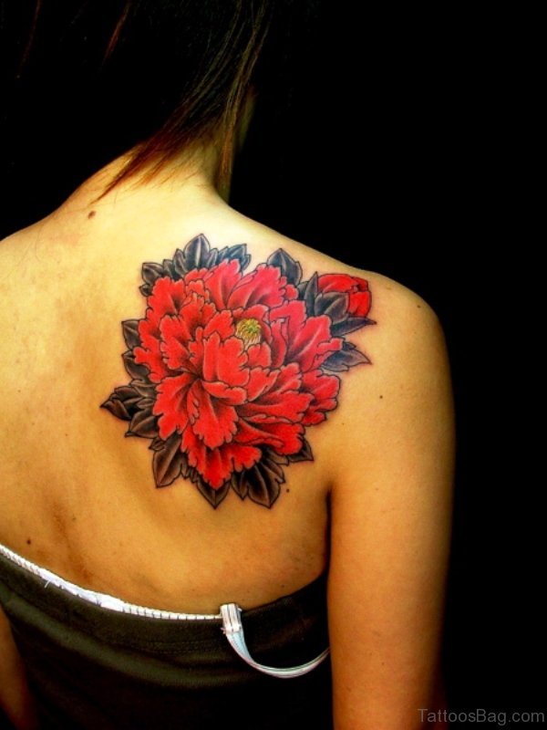 Red Flowers Tattoo On Shoulder