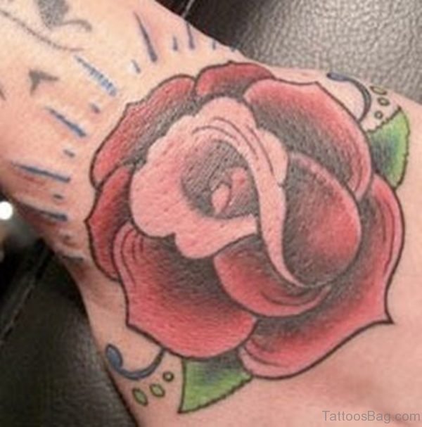 Red Ink Rose Flower Tattoo On Hand