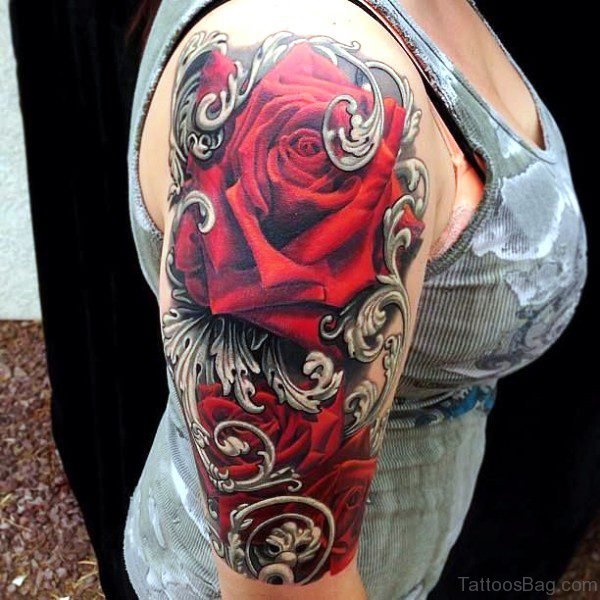 Red Realistic Tattoo On Shoulder