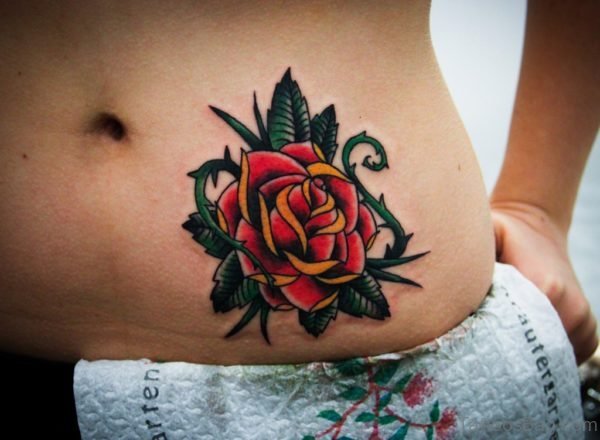 Red Rose Tattoo On Stomach TD124