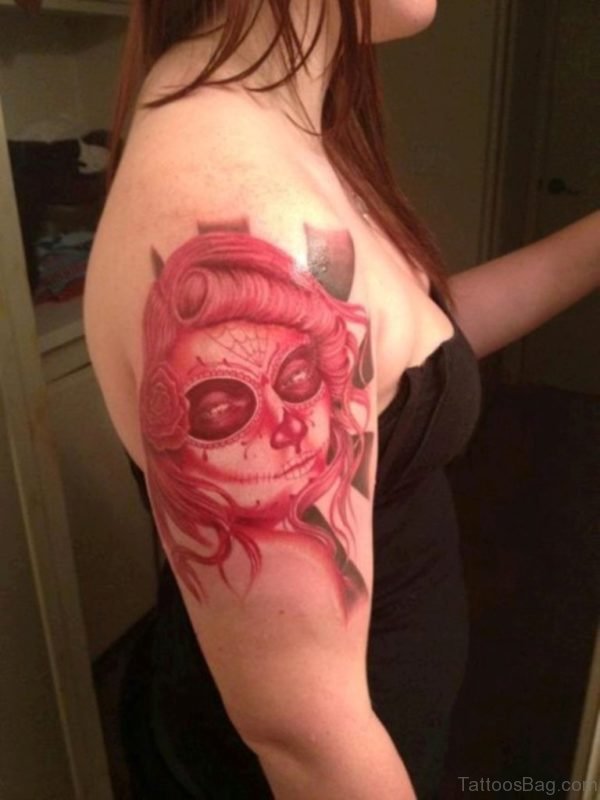 Red Skull Tattoo On Shoulder