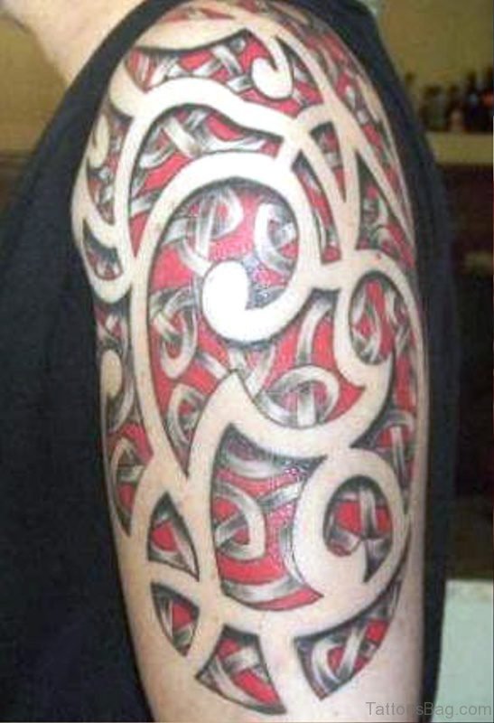 Red Tribal Tattoo On Shoulder