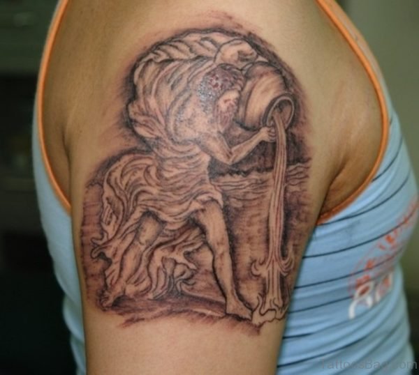 Right Shoulder Grey Ink Cute Aquarius Tattoo