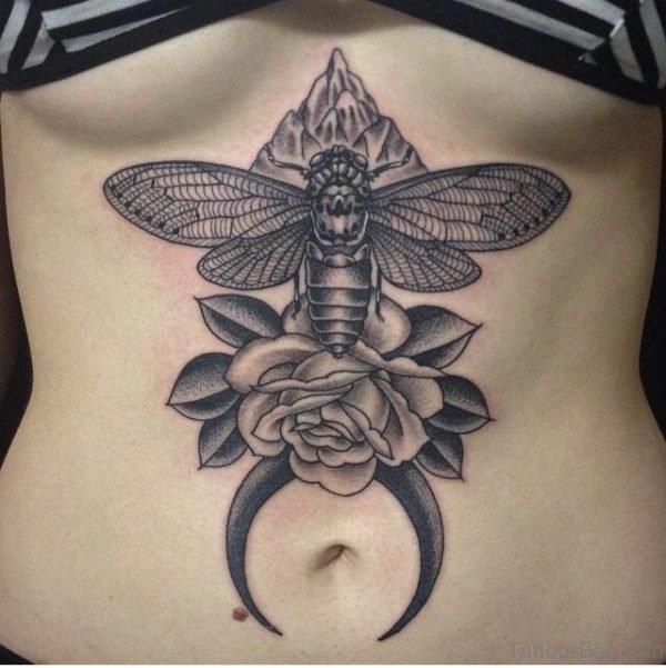 Rose And Bee Tattoo On Stomach
