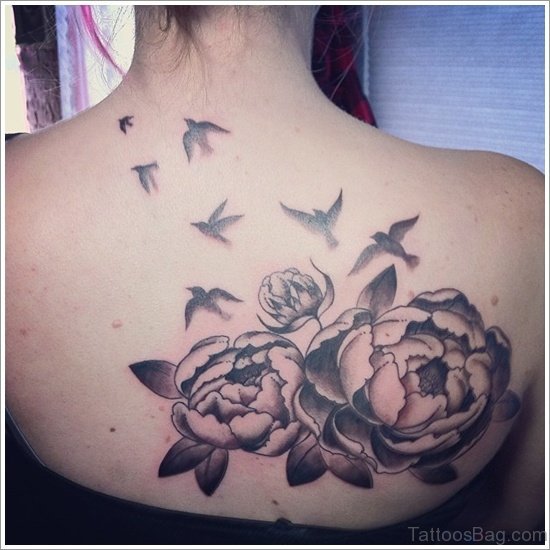 Rose And Bird Tattoo On Back