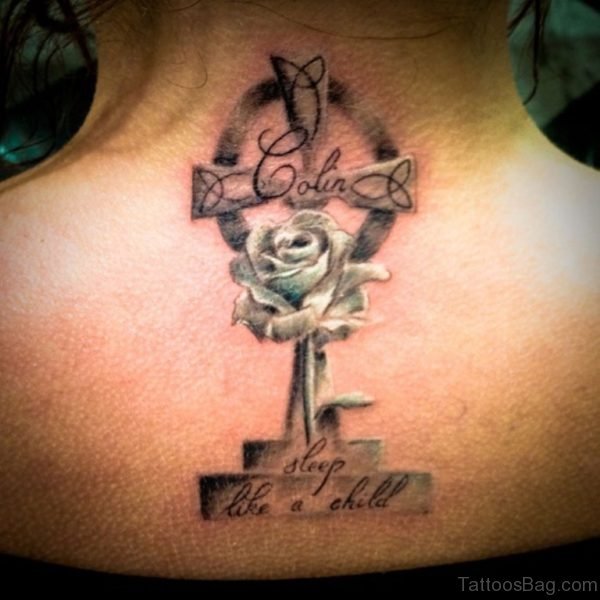 Rose And Cross Tattoo On Nape
