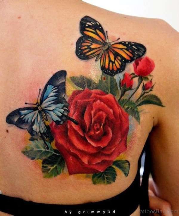 Rose With Butterflies Tattoo On Shoulder