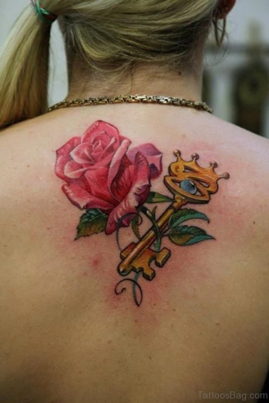 Rose With Key Tattoo On Upper Back