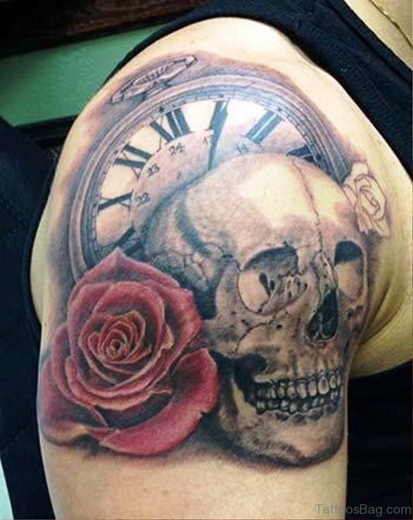 Rose With Skull Tattoo On Shoulder