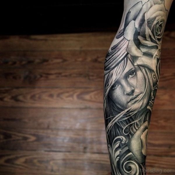 Rose and Portrait Tattoo On Full Sleeve 