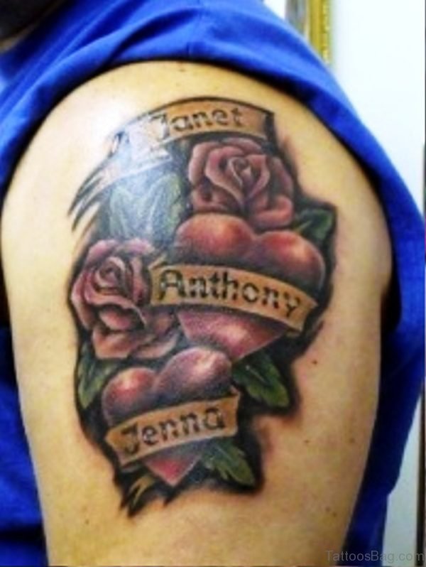 Roses With Heart Tattoo On Shoulder