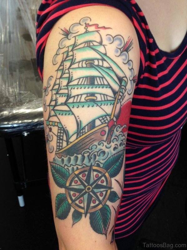 Ship Tattoo On Shoulder