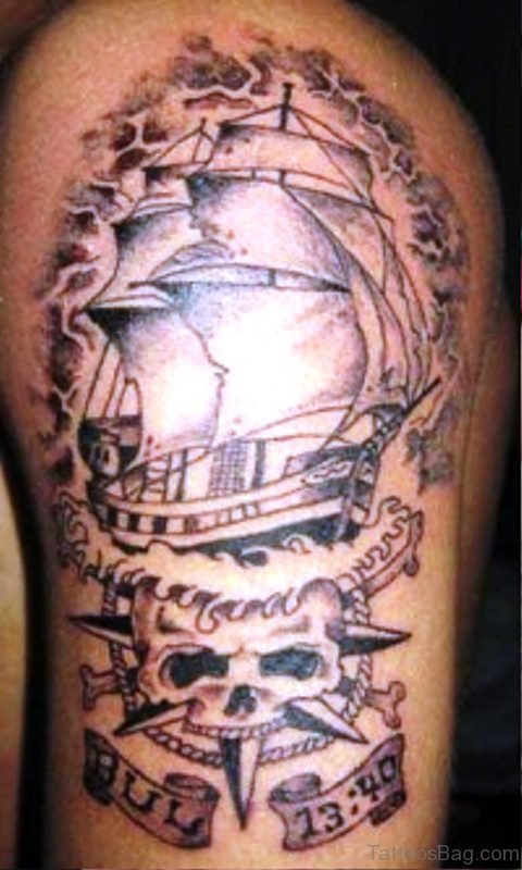 Ship With Skull Tattoo On Shoulder