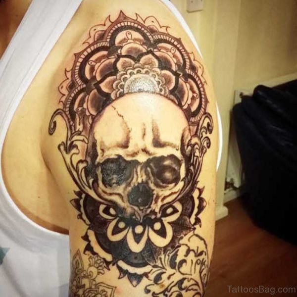 Skull And Mandala Tattoo On Shoulder