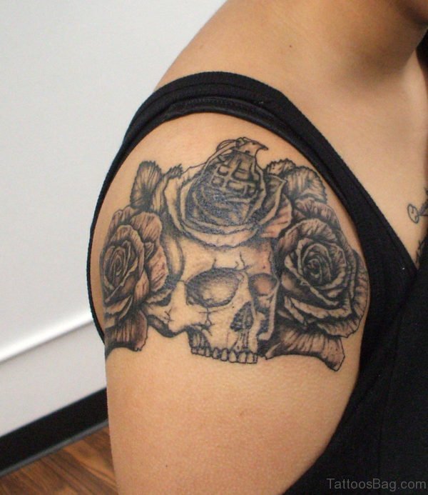 Skull And Rose Tattoo On Shoulder
