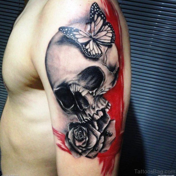 Skull With Butterfly And Rose Tattoo Design