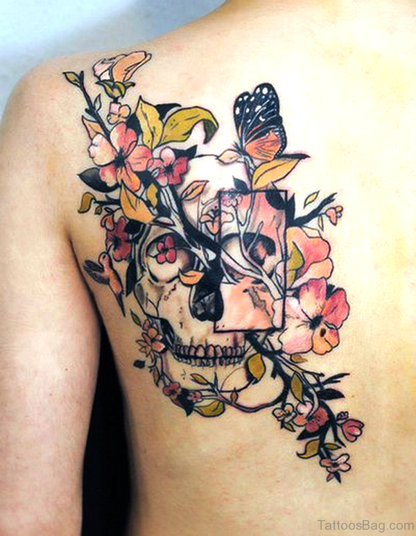 Skull With Flowers Tattoo On Shoulder