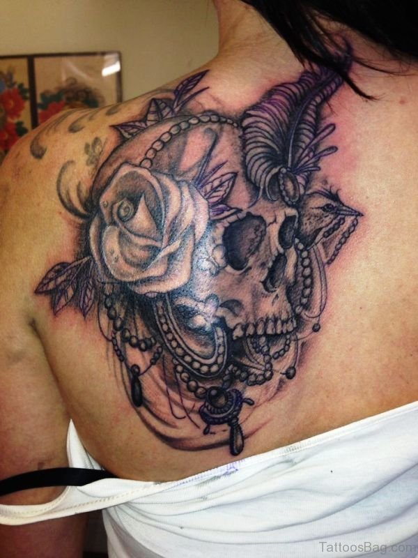 Skull With Rose Tattoo On Shoulder