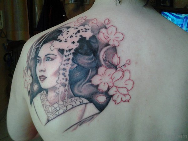 Stylish Geisha Girl Tattoo On Back