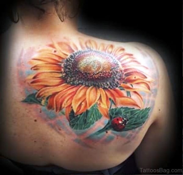Sunflower With Ladybug Tattoo On Shoulder