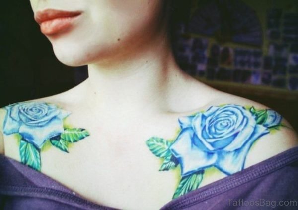 Traditional Blue Rose Tattoo On Shoulder