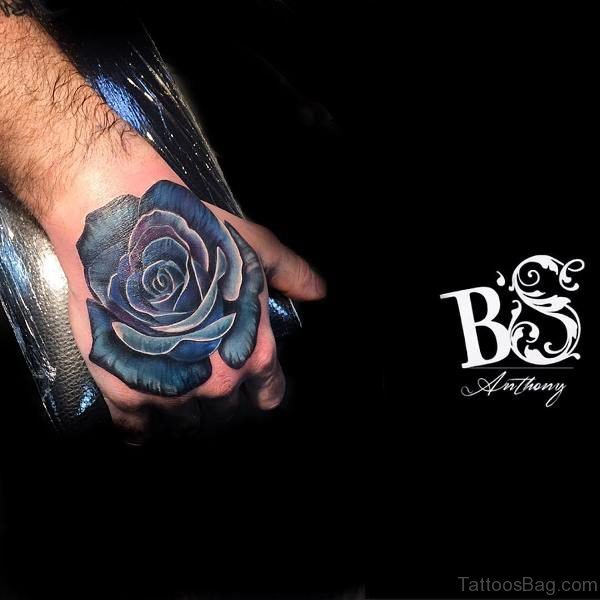 Trendy Blue Rose Hand Tattoo