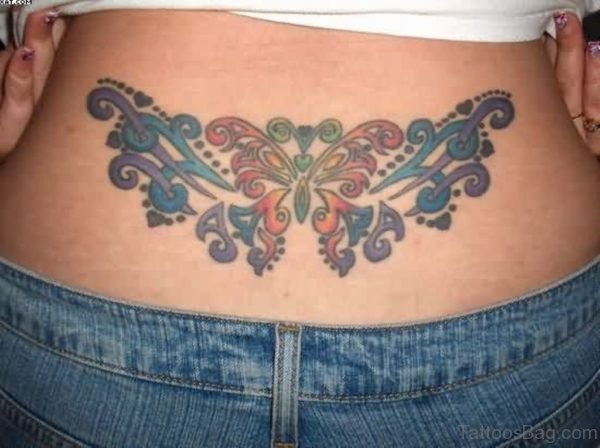 Tribal Color Ink Butterfly Lower Waist Tattoo