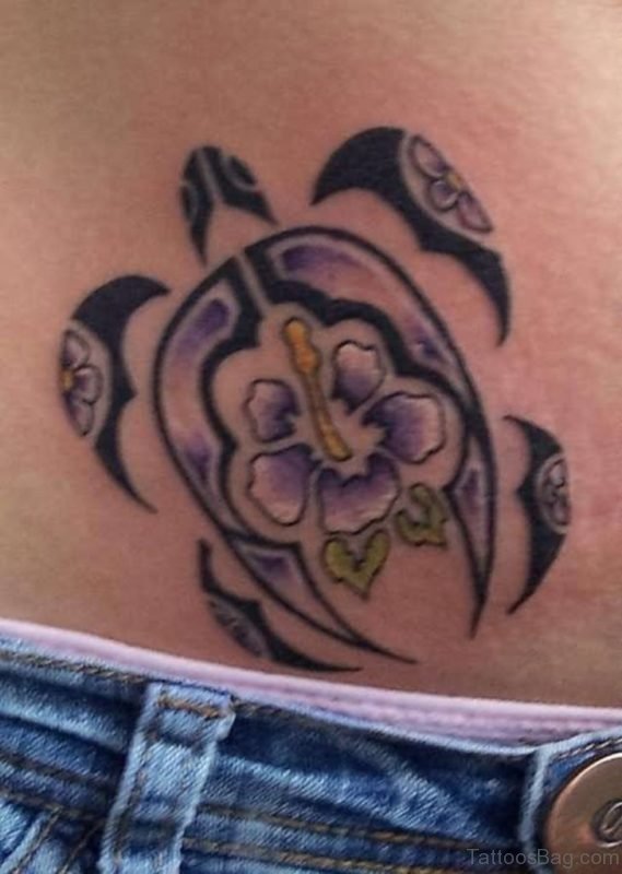Tribal Turtle And Hibiscus Tattoo On Waist