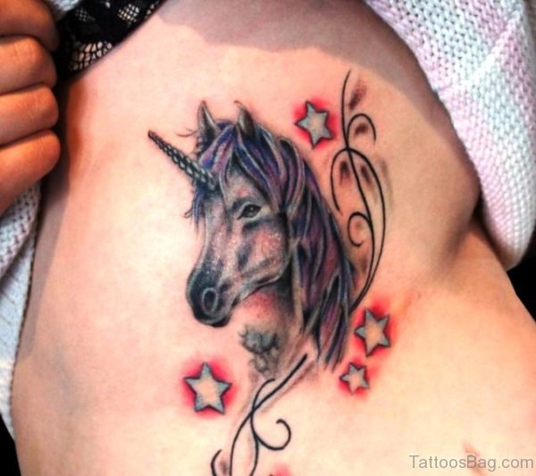 Unicorn With Stars Tattoo On Rib