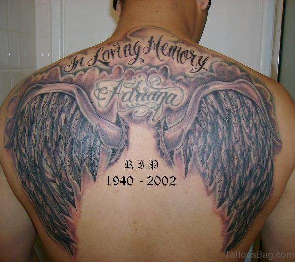 Wording And Angel Wings Tattoo