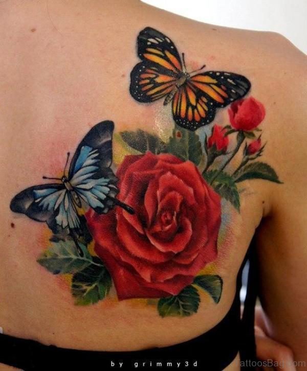 Abstract Butterfly And Flower Tattoo On Shoulder