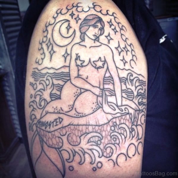 Adorable Mermaid Tattoo On Shoulder Design