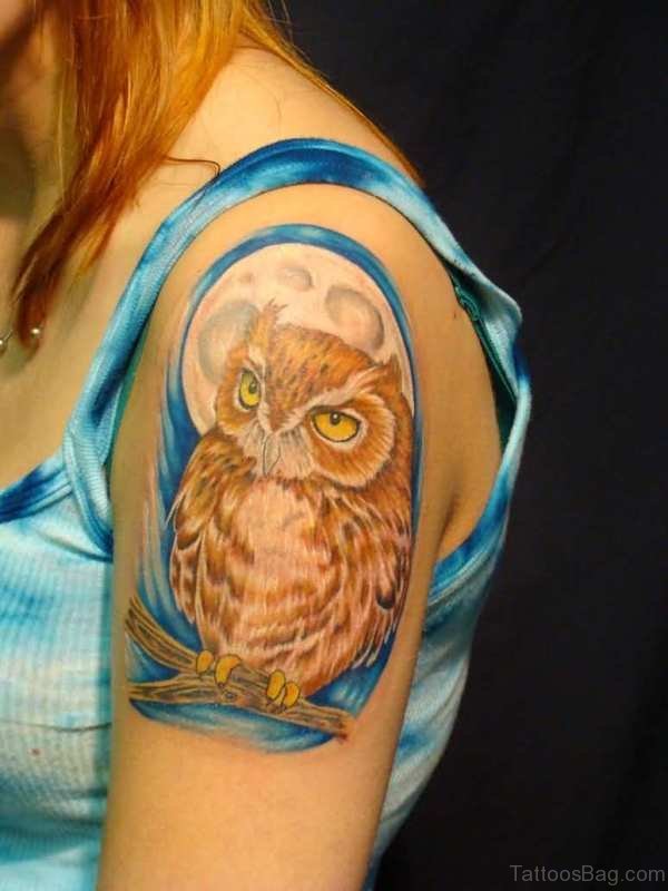 Amazing Brown Owl Tattoo On Shoulder