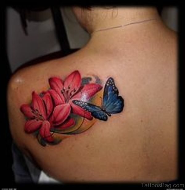 Amazing Butterfly And Flower Tattoo On Shoulder