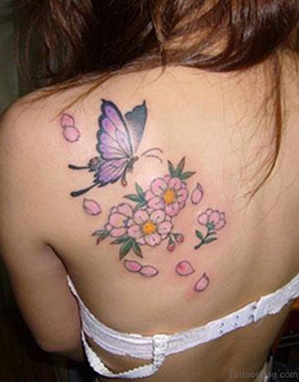 Amazing Butterfly And Flowers Tattoo