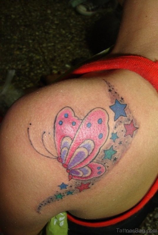 Amazing Butterfly And Star Tattoo On Shoulder