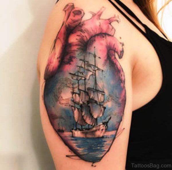 Anatomical Heart Sailing Ship Tattoo