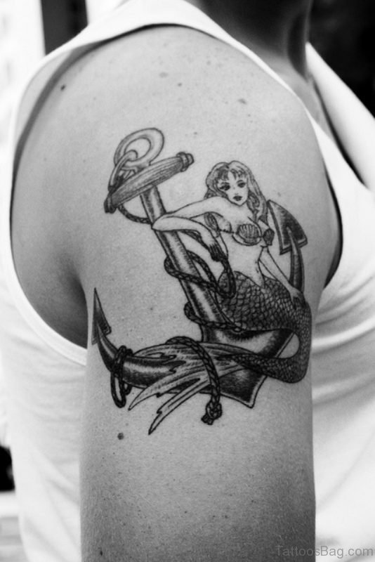 Anchor And Mermaid Tattoo On Shoulder