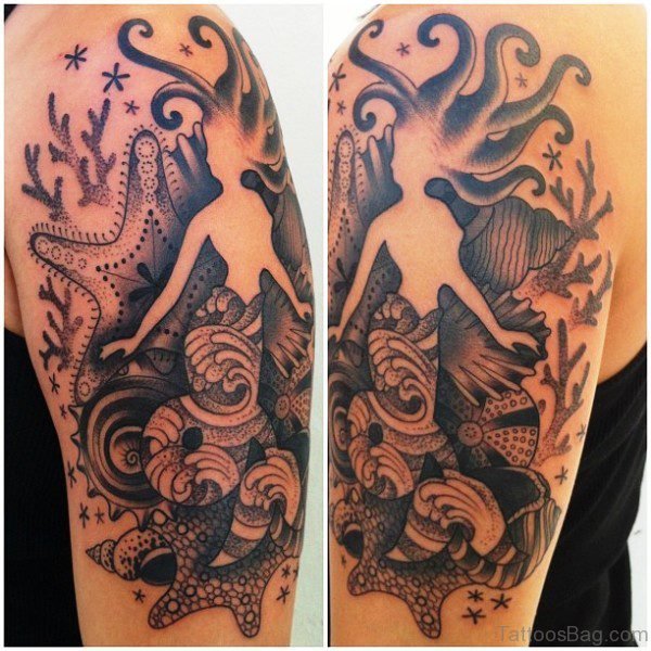 Artistic Mermaid Tattoo On Shoulder