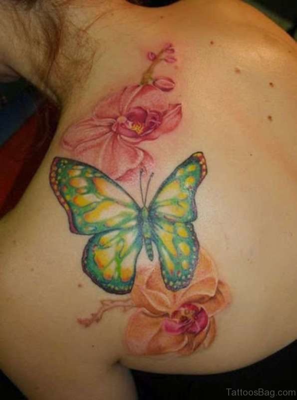 Big Butterfly And Flower Tattoo