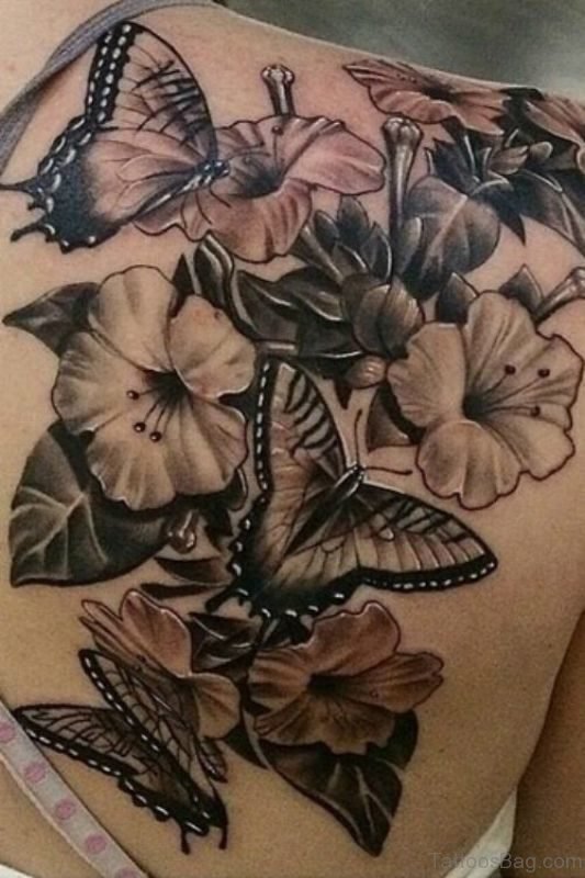 Black Ink Butterfly And Flower Tattoo On Shoulder